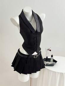 Elamini 女士黑色无袖西装外套，商务休闲办公装，时尚百搭，春夏款