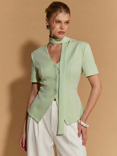 COSMINA 女士绿色短袖系带衬衫，休闲通勤衬衫，V领衬衫，西装式短袖上衣
