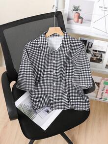 Mirajuku Teens (Boys) Casual Korean Style Loose Plaid Short Sleeve Shirt, Spring/Summer - Black and White - View 2