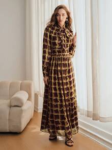 都市时尚不对称格纹印花长袖蝴蝶结腰身连衣裙（女款） - 彩色 - 查看 6