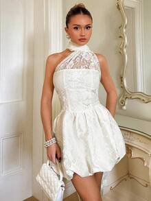 Glamine Charm 优雅蕾丝拼接荷叶边下摆女式连衣裙 - 白色 - 查看 5