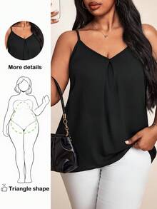 Blusa de tirantes plisada casual de unicolor para mujer de talla grande para verano - Negro - Ver 1