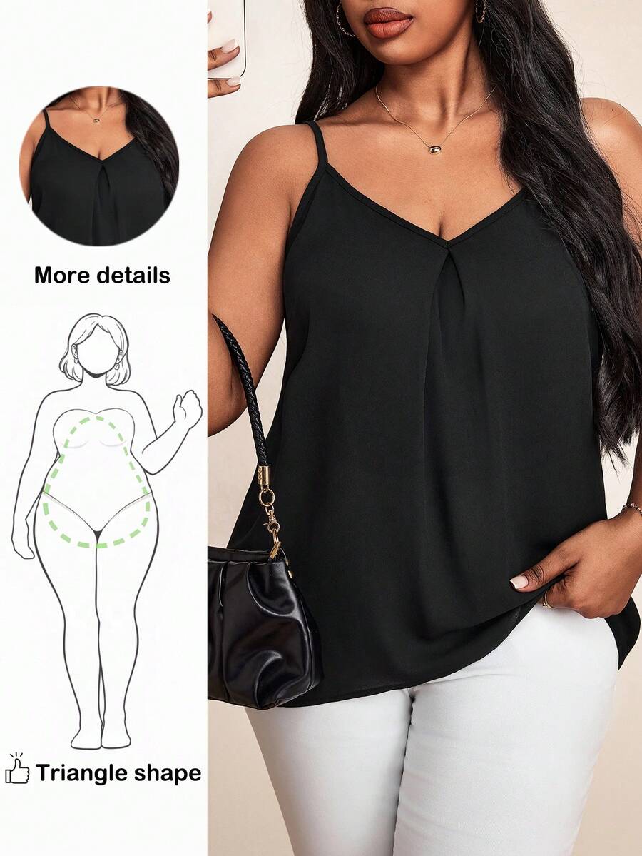 Blusa de tirantes plisada casual de unicolor para mujer de talla grande para verano - Negro - Ver 1