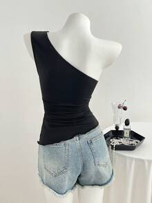 Elamini Women's Casual Asymmetric Hem Ruched Slim Fit Black Top, Spring/Summer - Black - View 2