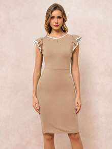 SHEIN Clasi Đầm nữ cổ tròn ôm sát, viền tương phản, tay loe. - Màu Khaki - Xem 6