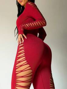 Slayform 纯色露背镂空紧身长袖连体裤