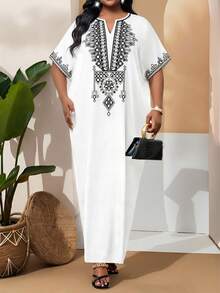 SHEIN Lady 大码女式几何印花V领蝙蝠袖宽松休闲连衣裙 - 彩色 - 查看 3