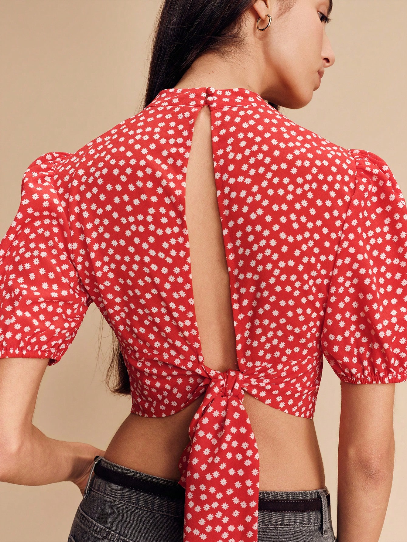 Red Mini Vintage Floral Print Blouse With Puff Short Sleeves And Tie Back Bow Detail French Style Parisian Style Ditsy Floral Top Cropped Tops Crops Top Shirts For Woman Cropped Blouse