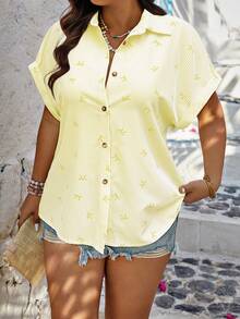 SHEIN LUNE Plus Size Fresh Print Short Sleeve Shirt - Yellow - View 3