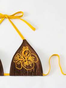 Swim Vcay Plus Size Women Floral Embroidery Minimalist Swimsuit Top - Brown - View 3