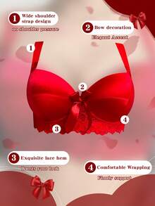 DesireSculpt 1pc Plus Size Red Lace Patchwork Underwire Bra With Wide Straps, Comfortable Lift And Support, Suitable For Valentine's Day - Red - View 5