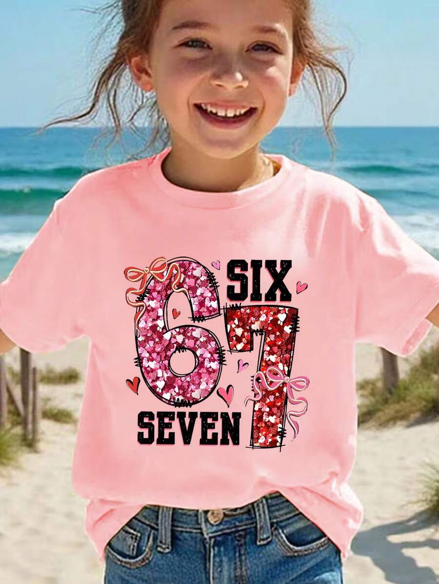 少女字母印花圆领短袖休闲百搭T恤 - 粉色 - 查看 1