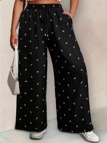 Vionelle Plus Size Casual Black Straight Leg Cropped Pants With Random Print And Pockets Woven Fabric - Black - View 5