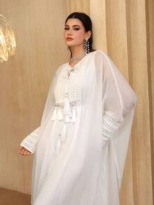SHEIN Najma Crew Neck Tassel Tie Waist Long Sleeve Split Hem Maxi Dress, Turkish & Arabic Traditional Style - White - View 3