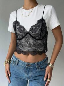 Aloruh Top d'été femme à manches courtes avec panneau en dentelle 2 en 1, Top ajusté col rond - Noir et Blanc - Voir 8