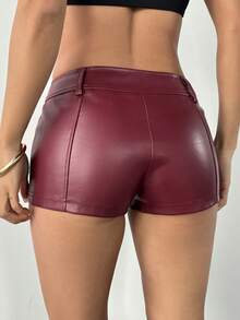 SHEIN PETITE Quần short nữ màu trơn, khóa kéo phía trước, kiểu dáng thường ngày, quần short siêu ngắn, quần short da. - Màu Đỏ Sâu - Xem 2