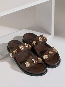 SHUZIA 女士复刻版高级舒适金属装饰双带平底凉鞋 - 巧克力棕 - 查看 7