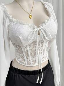 Comfortcana 大码女式灯笼袖蕾丝拼接方领垫肩衬衫，浪漫约会派对必备，白色，秋冬款 - 白色 - 查看 3