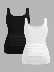 Slaydiva 2 件大码女式度假休闲黑白褶皱腰紧身吊带背心套装，适合日常穿着，百搭，Y2K 风格 - 黑與白 - 查看 2