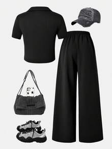 Tween Girls' European Retro Style Black Polo Collar 2-Piece Set, Clean Fit Embroidered Horse Logo Short Sleeve T-Shirt And Wide Leg Pants, Tennis Uniform, Minimalist Academy Style - Black - View 5