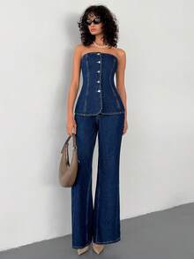 EURMUSE Women's Single-Breasted Denim Bustier Top And Denim Flare Pants Fashion Set - Medium Wash - View 7