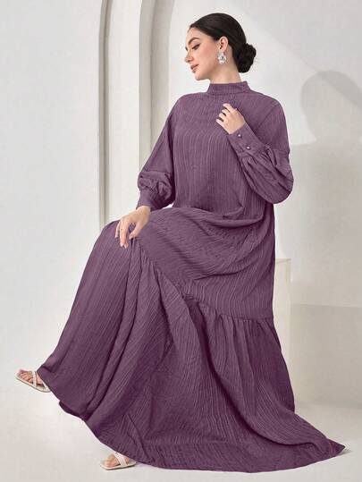 Veilorie Women's Conservative Solid Color Plisse Stand Collar Lantern Sleeve Loose Arabic Style Dress, Spring/Autumn