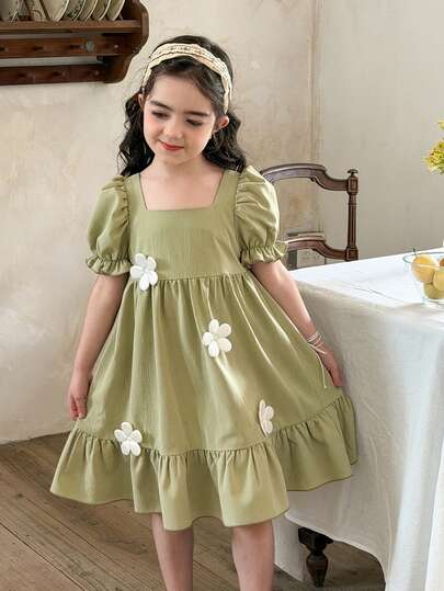 SHEIN LMoss Kids Young Girls' French Elegant 3D Floral Decor Puff Sleeve Dress