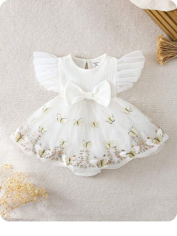 Babygirl Cute & Elegant Floral Embroidery Mesh Bow Decor Dress