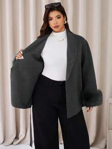 Auralis Plus Size Fashionable Versatile Overcoat With Belt, Autumn/Winter - Dark Grey - View 6
