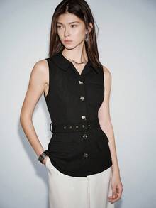 Lumivelle Chaleco sin mangas con cuello negro, con botones decorativos cuadrados, elegante y de moda a la francesa para el trabajo y uso casual, primavera/verano - Negro - Ver 3