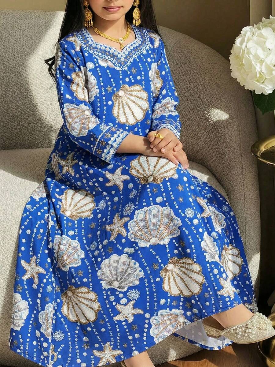 SHEIN عباية بأكمام طويلة وطبعة اللؤلؤ على الياقة المربعة للفتيات المراهقات - الأزرق - مشاهدة 1