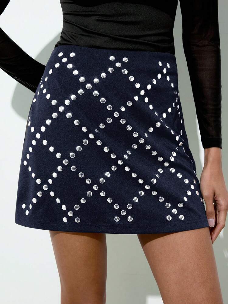 SHEIN Maija Women's Diamond Lattice Rhinestone Embellished Mid-Waist Mini Skirt, Suitable For Urban Commute, Business Casual, Office Wear, Teacher, Elegant Summer Attire, Valentine's Day