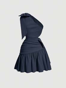 SHEIN MOD Summer Asymmetrical Neck Bow Knot Cropped High-Low Dress - Navy Blue - View 2