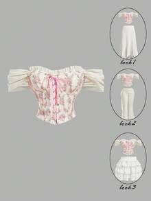 SHEIN MOD 复古花卉印花梦幻浪漫魅力收腰衬衫，饰有荷叶边、蝴蝶结和交叉系带——完美适用于约会、派对、节日、下午茶和生日派对 - 粉色 - 查看 1