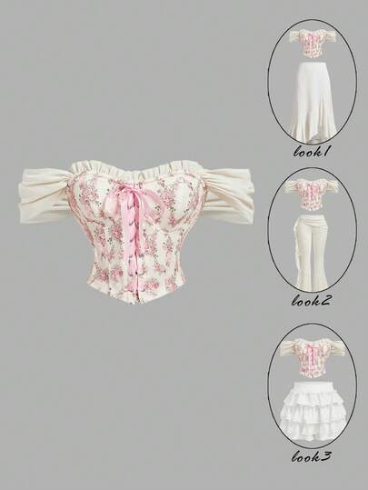 SHEIN MOD Vintage Floral Print Dreamy Romantic Charm Waist-Defining Shirt With Ruffles, Bow Decoration, And Cross Ties – Perfect For Date, Party, Festival, Afternoon Tea, And Birthday Party