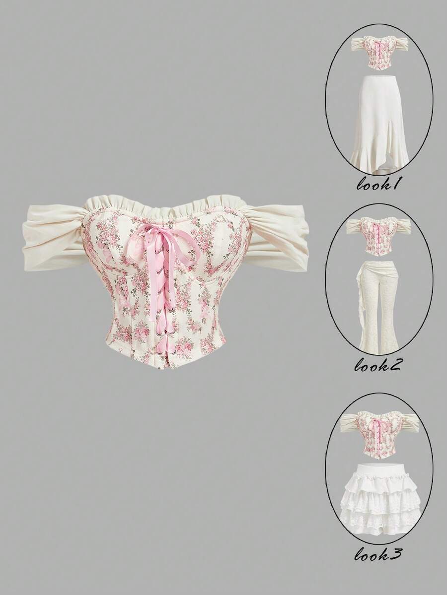 SHEIN MOD 复古花卉印花梦幻浪漫魅力收腰衬衫，饰有荷叶边、蝴蝶结和交叉系带——完美适用于约会、派对、节日、下午茶和生日派对 - 粉色 - 查看 1