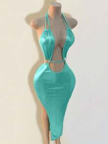 Mistrie 女士纯色露背性感连衣裙 - 薄荷藍 - 查看 4