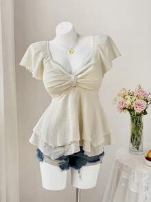 Sweetra Camiseta de mujer de talla grande de manga corta, elegante y sencilla, con corte en A, volantes en el bajo y copa francesa, para el verano - Albaricoque - Ver 4