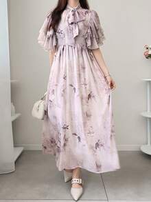 FRIFUL 女士优雅通勤印花荷叶边连衣裙