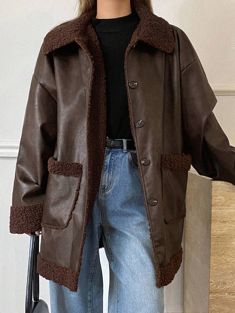 DAZY 女士翻领大口袋人造毛皮内衬常规款外套，秋冬款 - 卡其色 - 查看 1