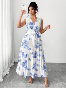 Elenzga 大码女士优雅印花褶皱连衣裙 - 彩色 - 查看 5