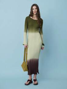 Nöista Elegant Gradient Ribbed Knit Sweater Dress With A Fitted Silhouette, Long Sleeves, And Subtle Flared Cuffs. Soft Stretch Fabric With An Ombré Green-To-Brown Finish Creates A Refined, Feminine Look Ideal For Valentine's Day Outfits, Date Nights, Spring Events, Vacations, And Elevated Everyday Wear. - Green - View 1