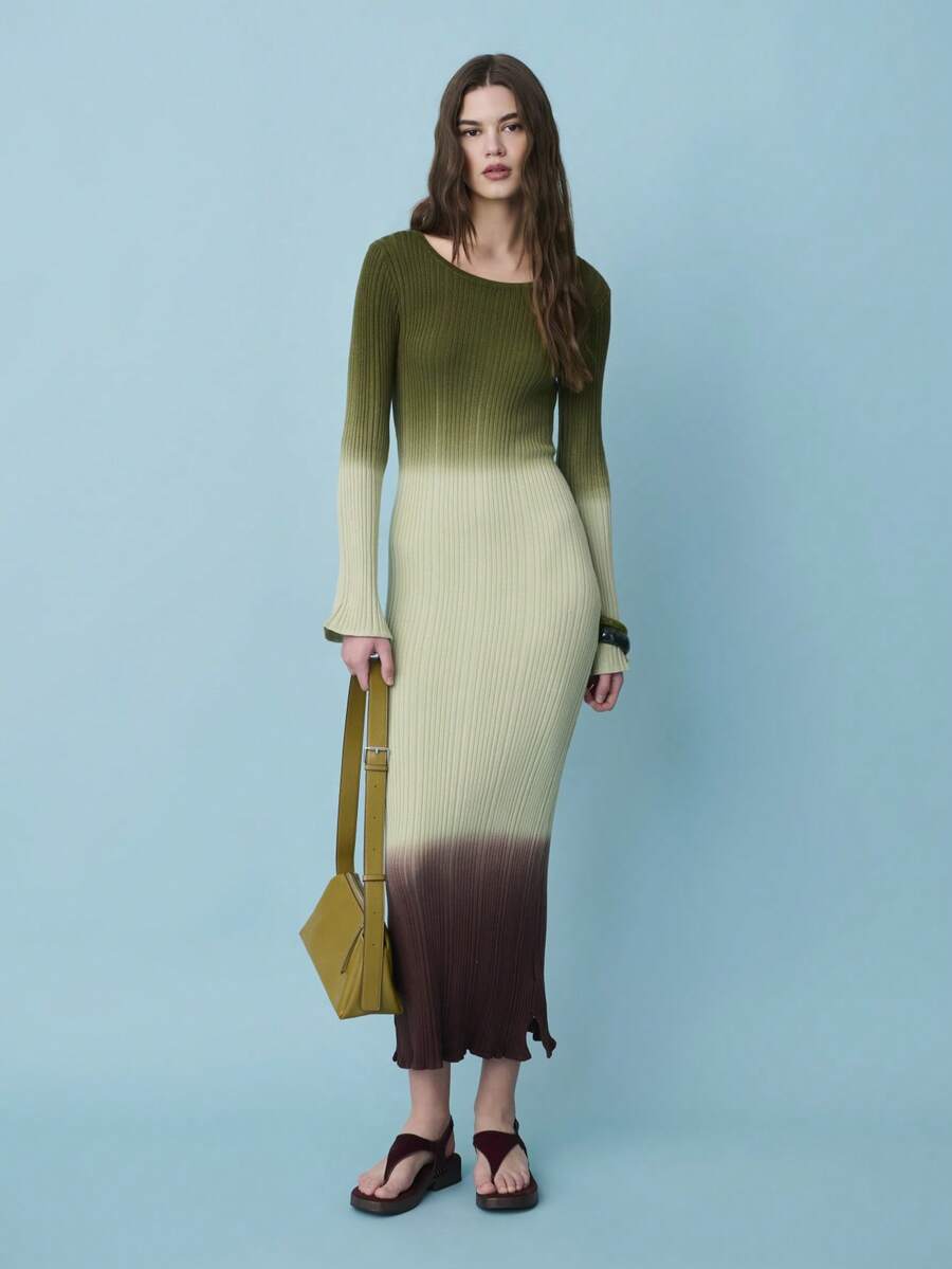 Nöista Elegant Gradient Ribbed Knit Sweater Dress With A Fitted Silhouette, Long Sleeves, And Subtle Flared Cuffs. Soft Stretch Fabric With An Ombré Green-To-Brown Finish Creates A Refined, Feminine Look Ideal For Valentine's Day Outfits, Date Nights, Spring Events, Vacations, And Elevated Everyday Wear. - Green - View 1