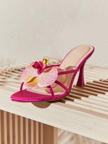 SHUZIA Giày sandal nữ cao gót, mũi tròn, họa tiết hoa lan, nhiều quai, chất liệu satin màu hồng fuchsia – Sang trọng, thanh lịch và thu hút ánh nhìn. - Màu Hồng Tươi - Xem 9
