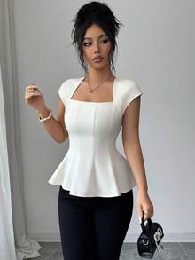 Elenzga Blouse femme à col carré de couleur unie, taille à plusieurs coutures, coupe évasée à ourlet parapluie, manches courtes, couleur abricot. Style élégant et raffiné, rétro français, romantique minimaliste. Convient pour le bureau, les déplacements, les affaires, les sorties casual, la plage, les rendez-vous, le printemps/été - Nude - Voir 7