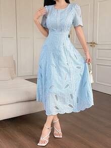 DAZY 女士优雅花卉蕾丝圆领泡泡袖中长连衣裙，夏季婚礼宾客礼服 - 藍色 - 查看 3