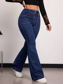 SHEIN Tall 春夏女士休闲喇叭牛仔裤，舒适弹力，时尚休闲优雅，水洗蓝色喇叭牛仔裤 - 深色水洗藍 - 查看 6