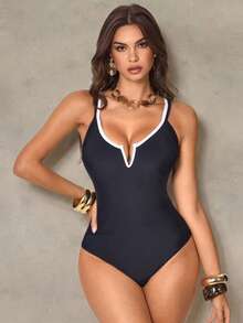 Shapewave 2026  Spring/Summer Vacation Tummy Control Black & White Double Strap V-Neck One-Piece Swimsuit, Elegant & Sophisticated, Spring/Summer Resort,New Women's Swimwear ArrivalFor School,Suitable For Holiday, Date, Afternoon Tea, Western, Cruise, Beach, Island, Road Trip, All Seasons, Music Festival, Boho Vacation,Bohemian Vacation, Chill Autumn ,Western Boho ,Elegant Tops For Women Black Bathing Suit Women One Piece Bathing Suit Swimsuit For Women Bathing Suit Full Coverage One Piece Bathing Suit Cut Out Tummy Control Swimsuit - Black - View 3