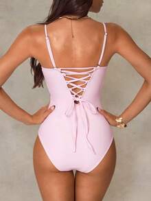 Shapewave Women's Summer Beach Floral Print Spaghetti Strap Ruched Front High Elasticity Shapewear Criss-Cross Back Casual Vacation One Piece Swimsuit - Pink - View 2