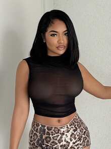 Alexandranx Black Mesh See-Through Asymmetrical Neck Top, Music Festival Party Top, Summer Women's,Easter /Concert Women Music Festival Holiday - Black - View 6